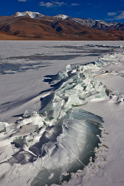 A frozen Tso Moriri Lake during winter months in Ladakh